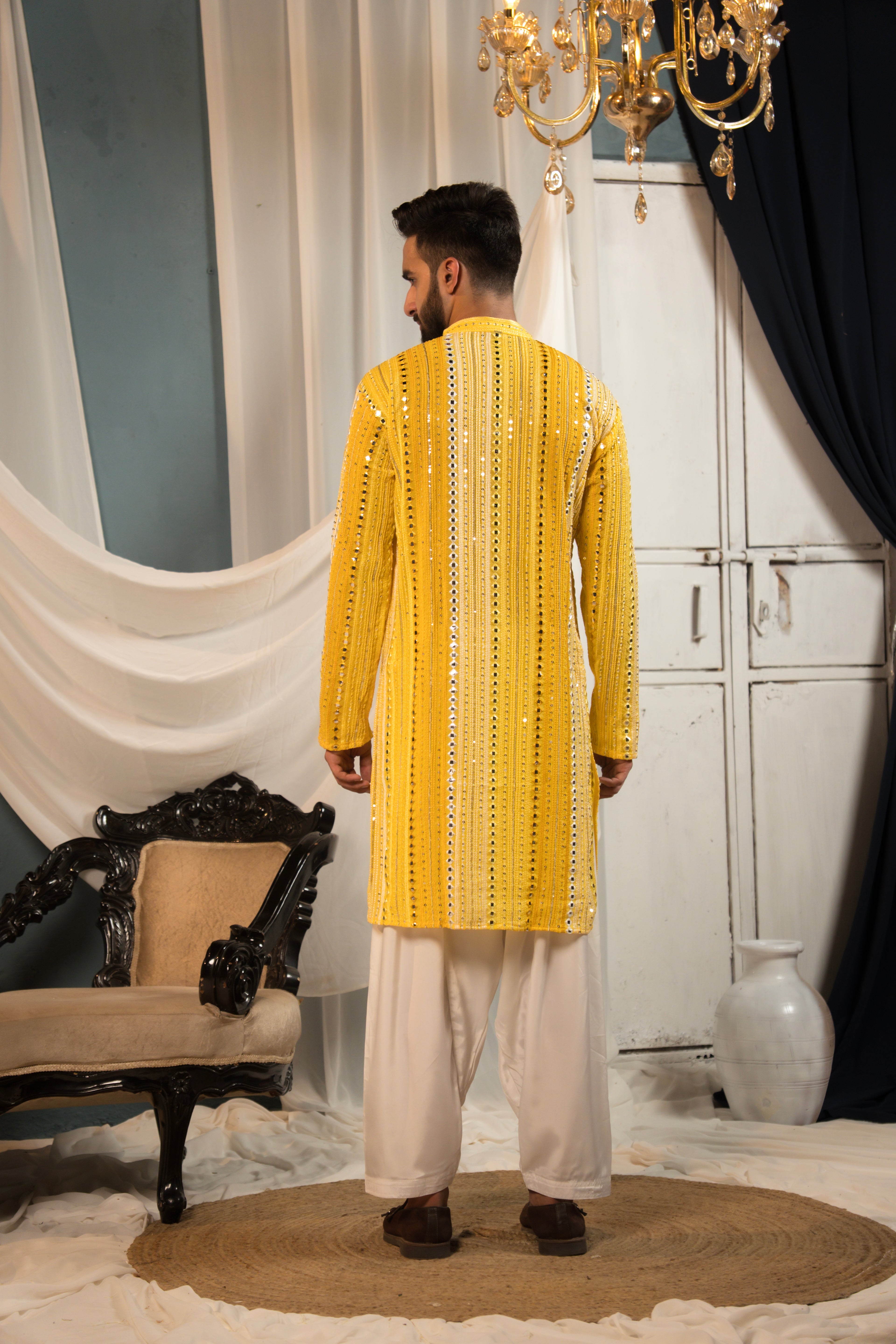 Sunlit Yellow Mirror Work Georgette Kurta