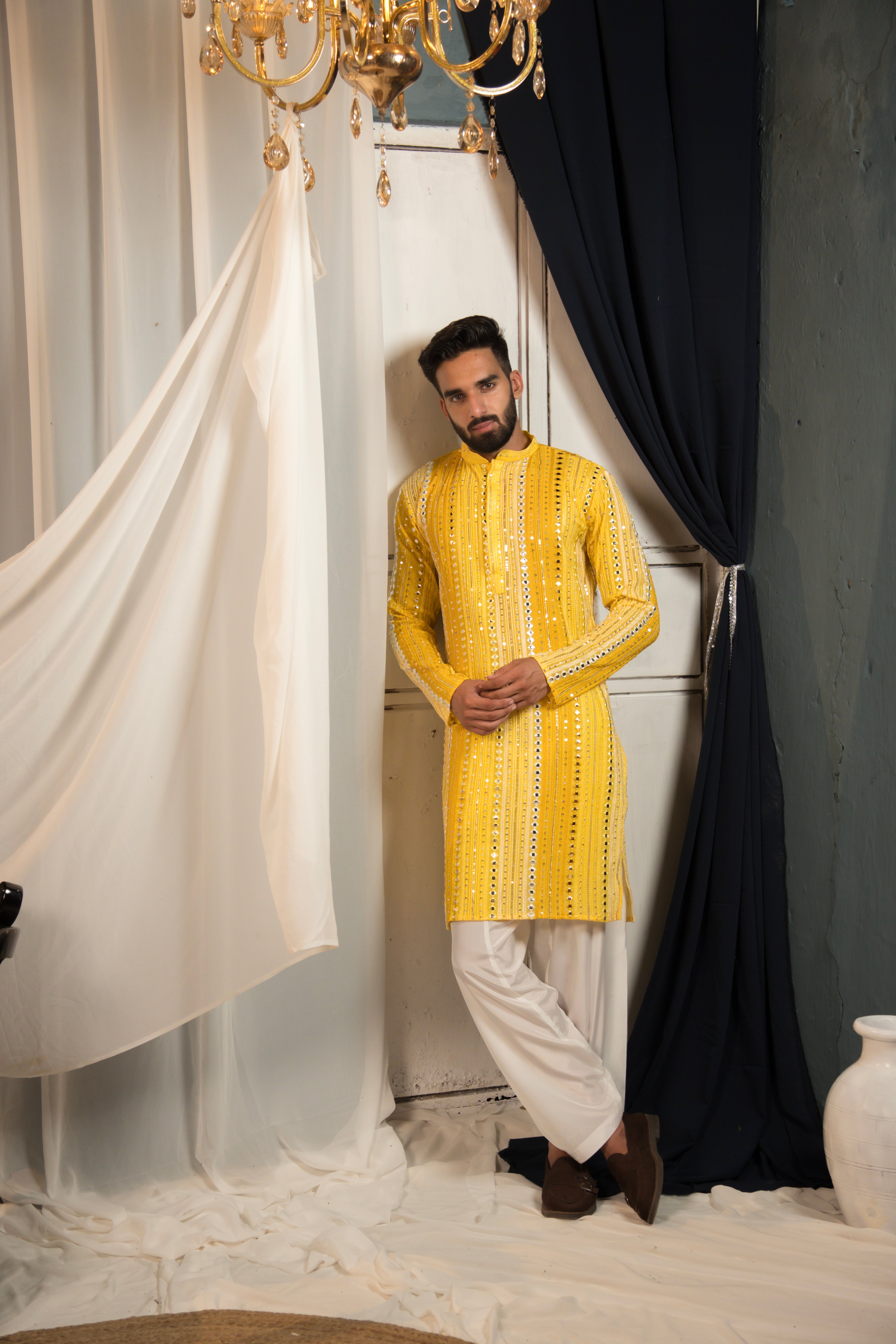 Sunlit Yellow Mirror Work Georgette Kurta