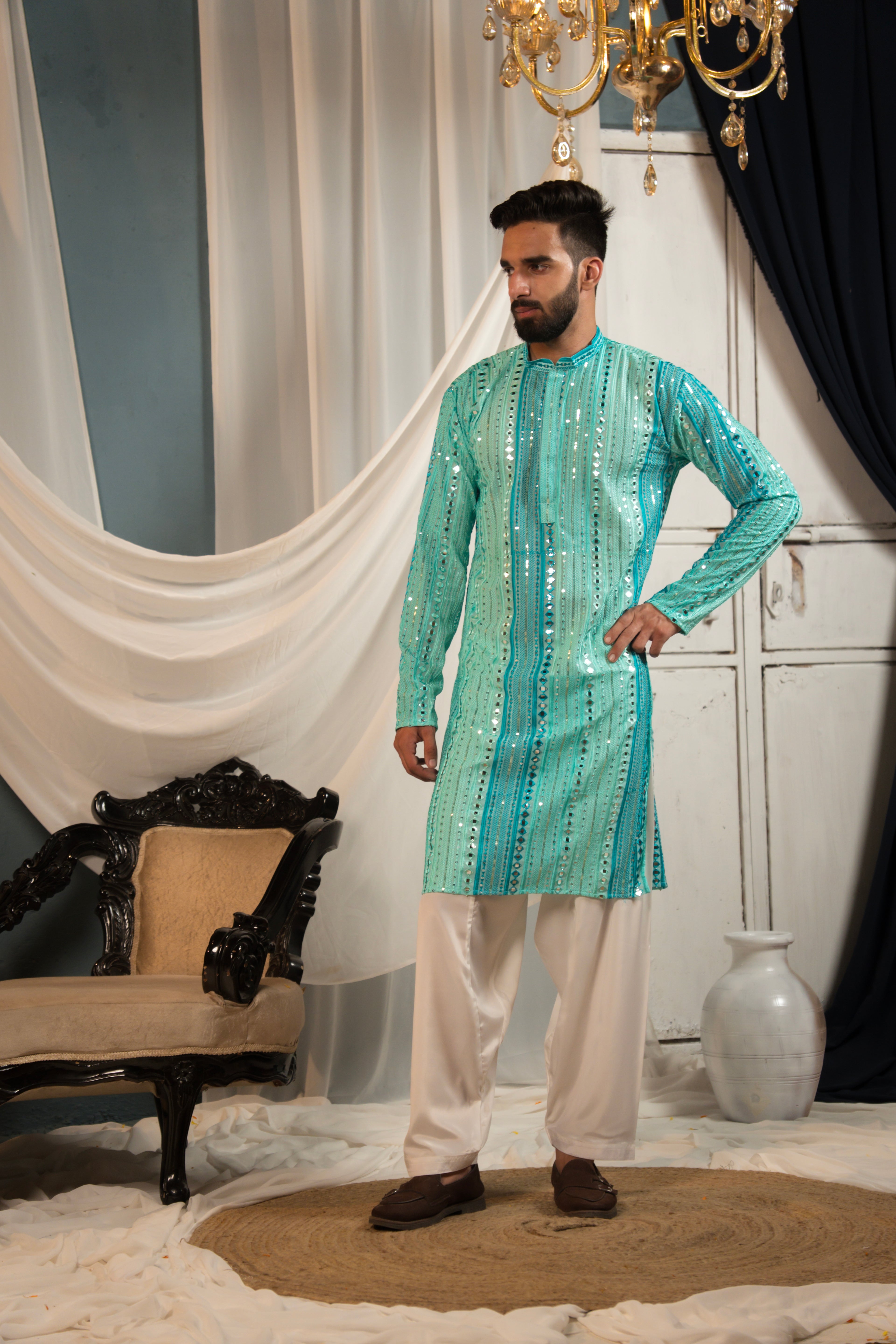 Aqua Teal Mirror Work Georgette Kurta