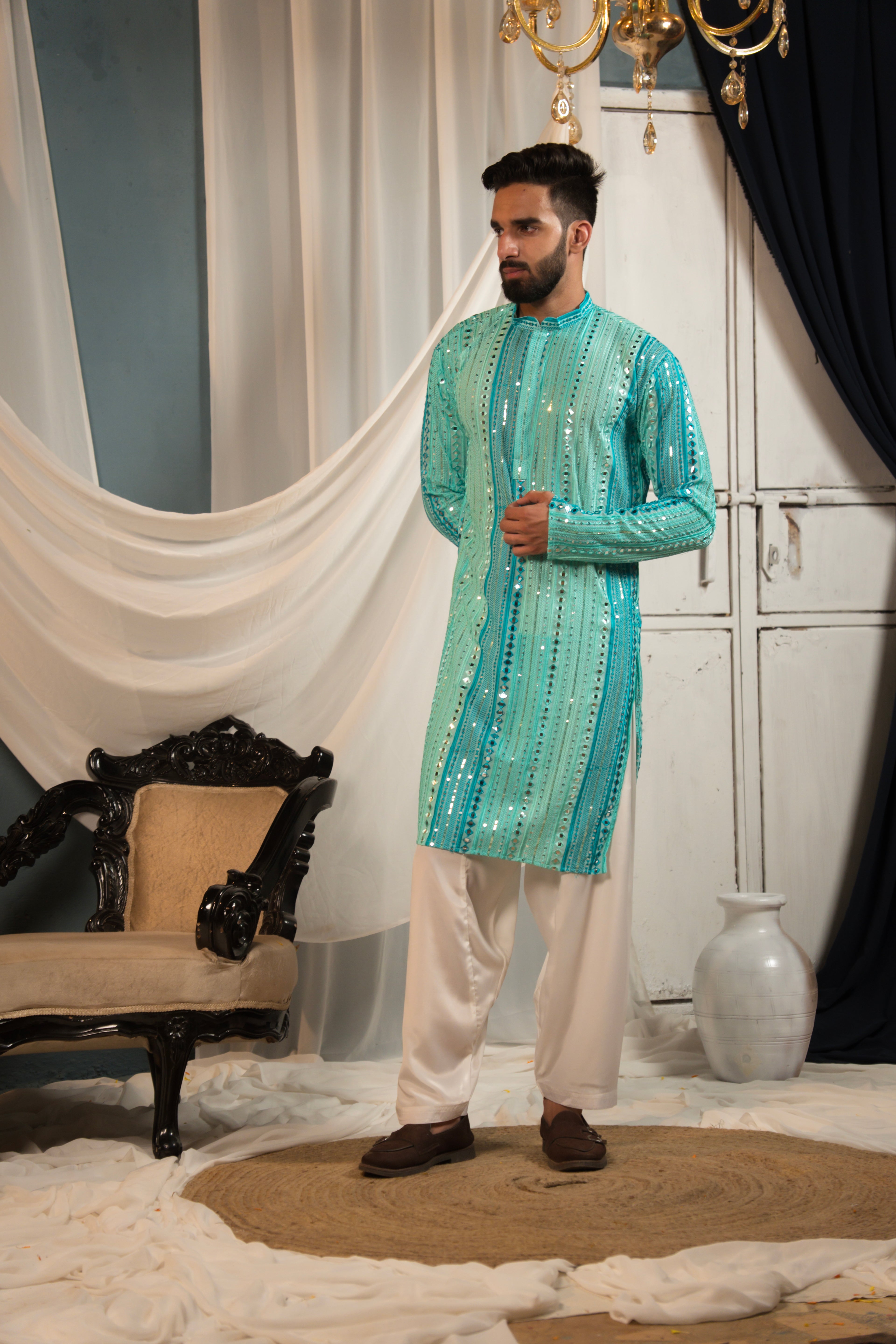 Aqua Teal Mirror Work Georgette Kurta