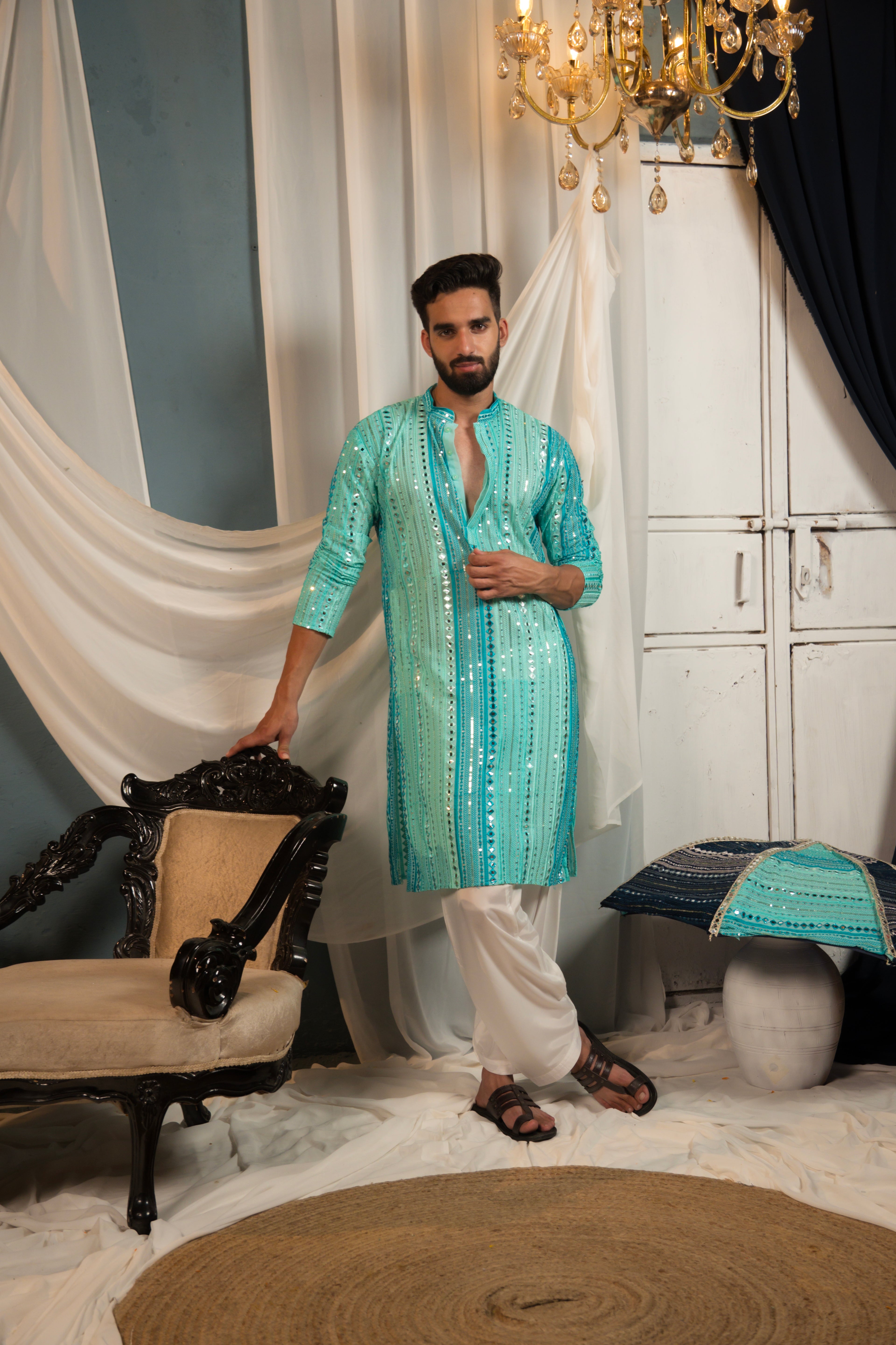 Aqua Teal Mirror Work Georgette Kurta