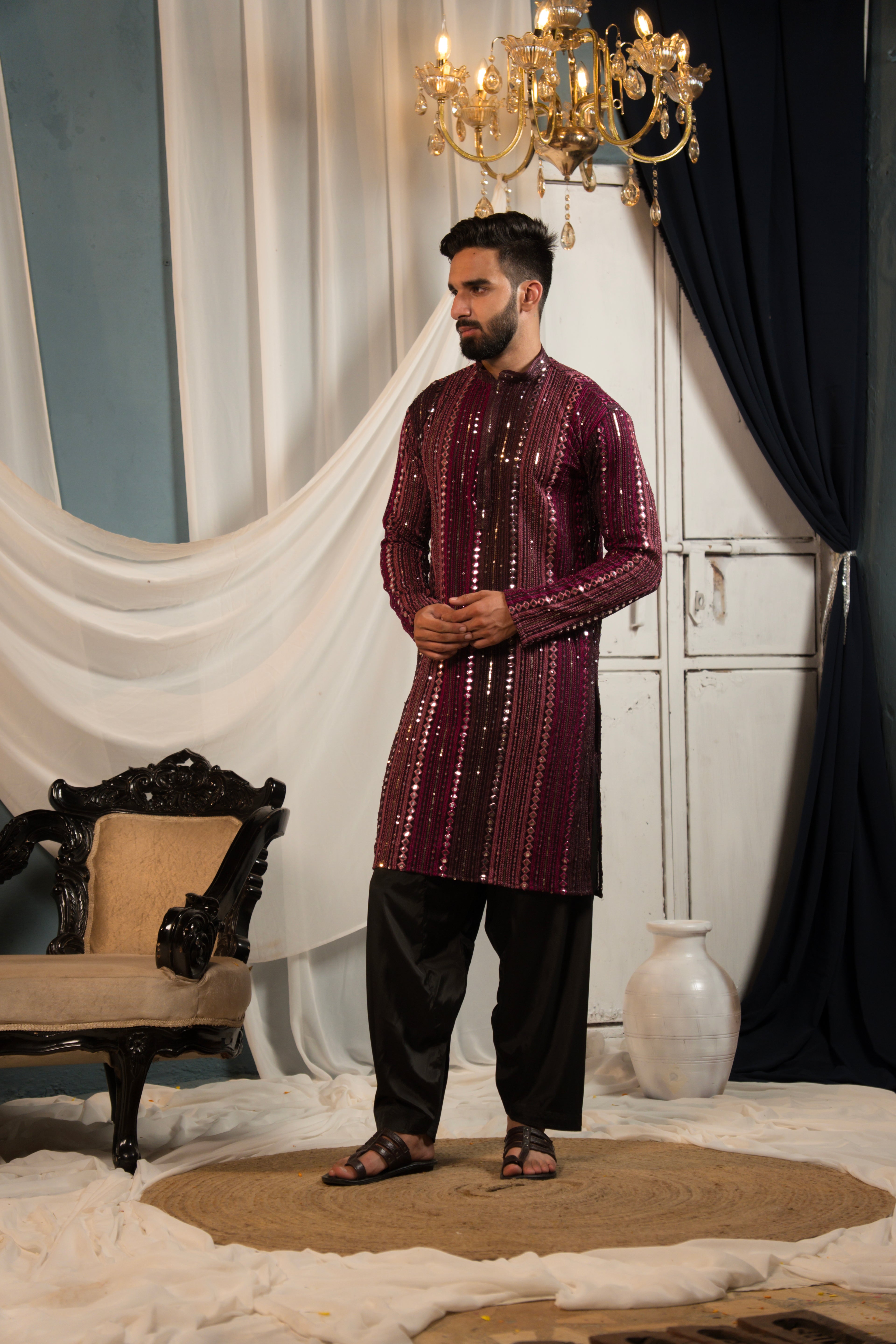 Mystic Maroon Mirror Work Georgette Kurta