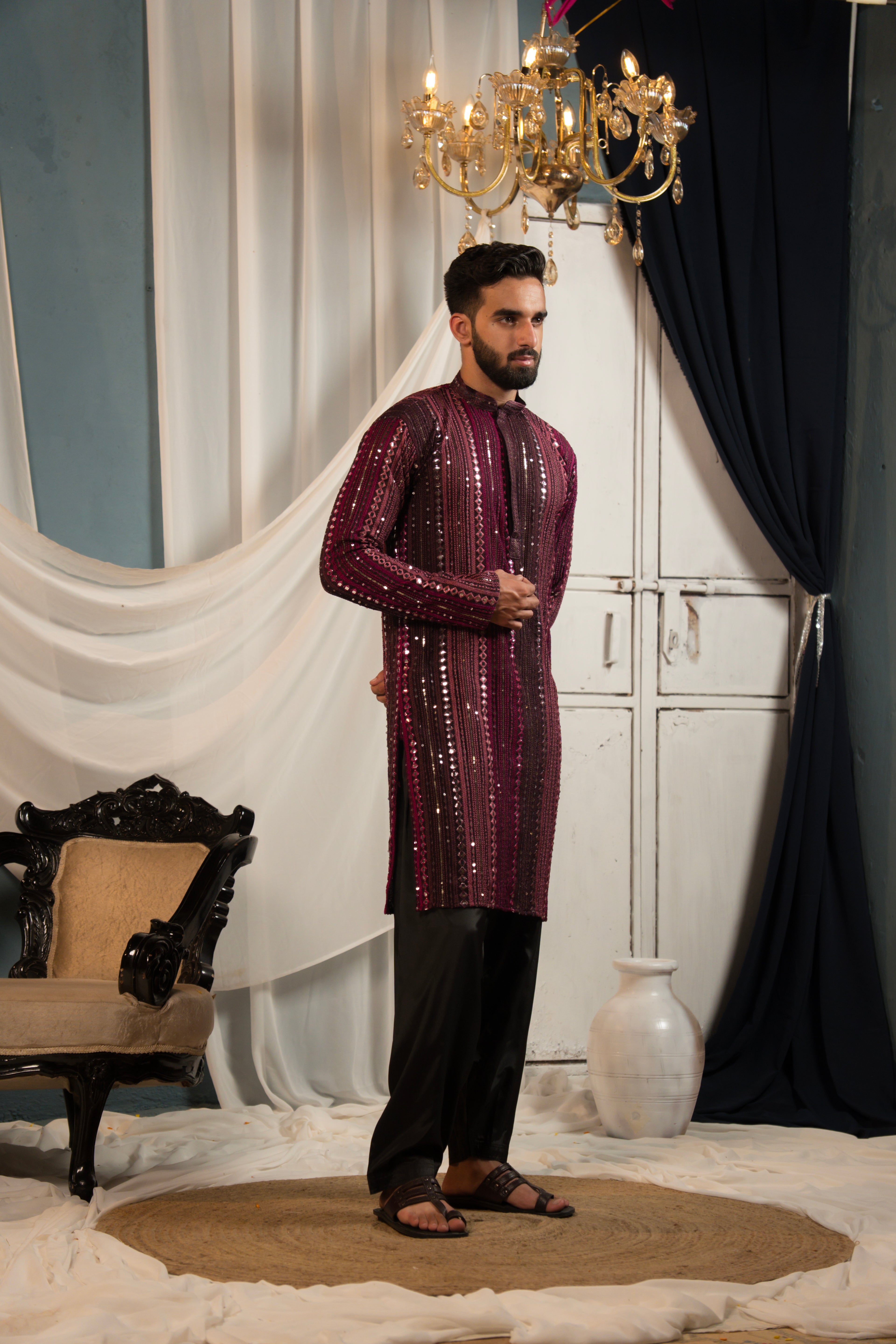 Mystic Maroon Mirror Work Georgette Kurta