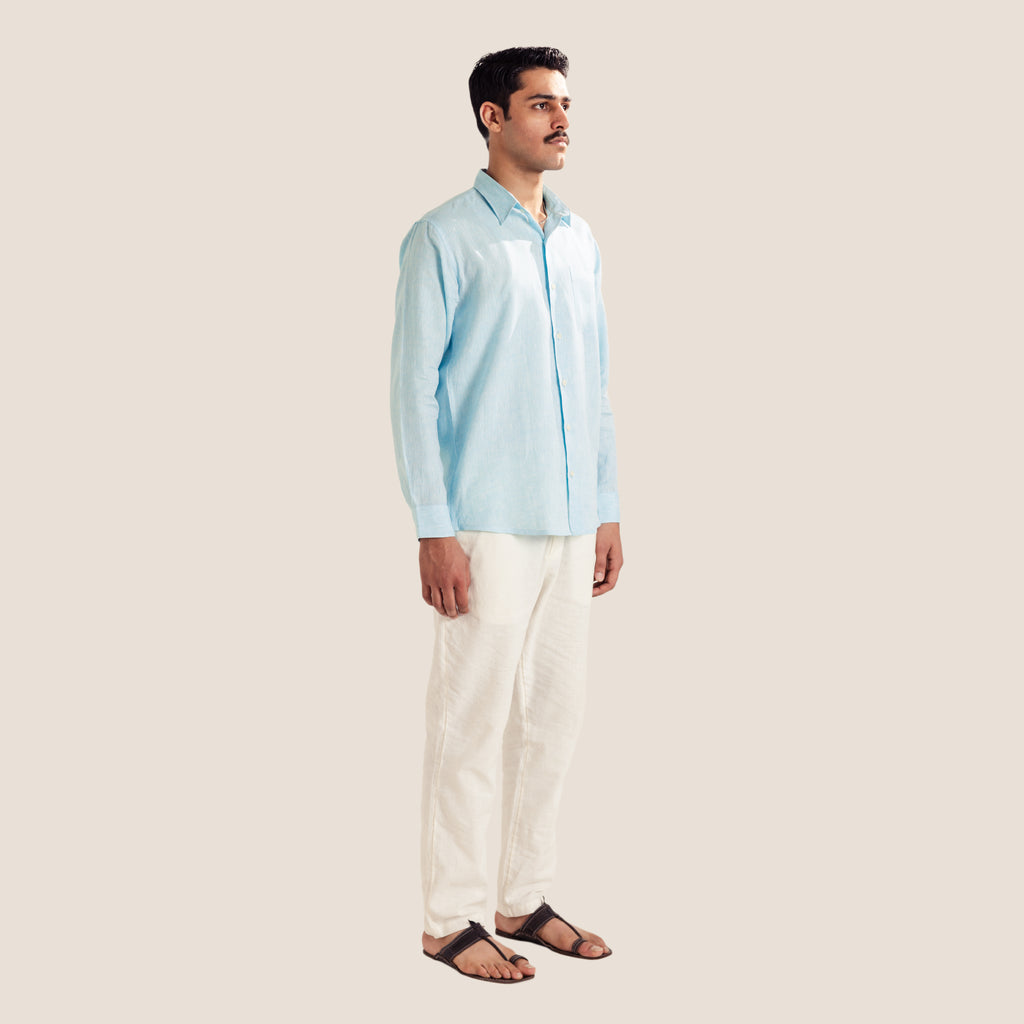 100% Pure Linen Shirt ( Anemone Blue )- Premium Breathable Comfort