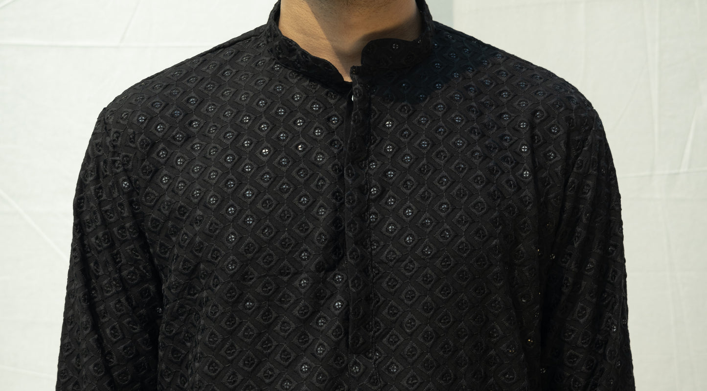 Men Black Ethnic Motifs Embroidered Chikankari Kurta