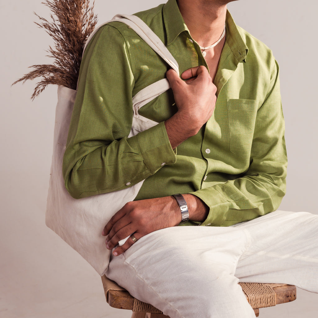 100% Pure Linen Shirt ( Lunet- Olive )- Premium Breathable Comfort