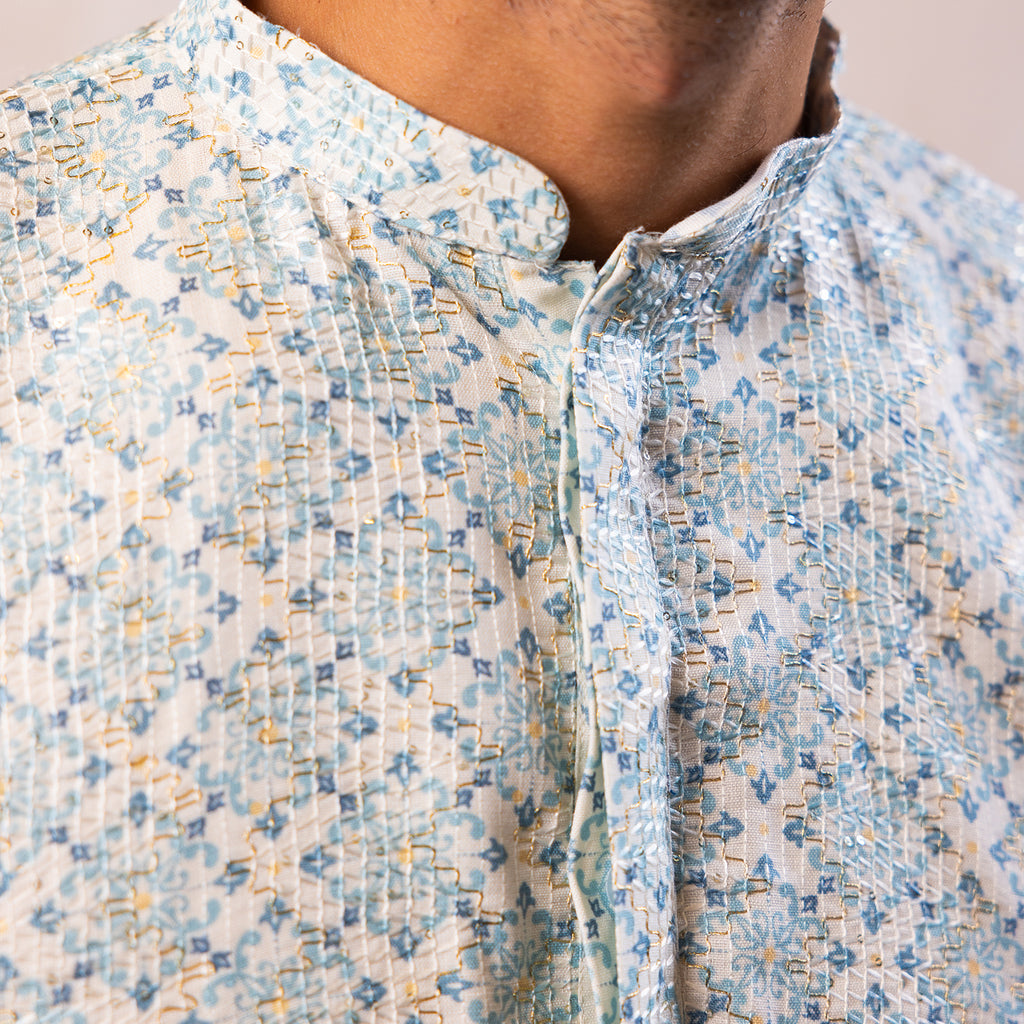 Vibrant Azure Blue Arabesque Kurta