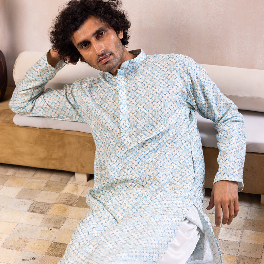 Vibrant Azure Blue Arabesque Kurta