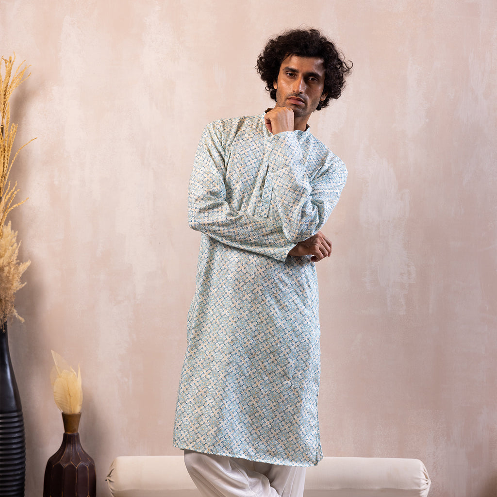 Vibrant Azure Blue Arabesque Kurta
