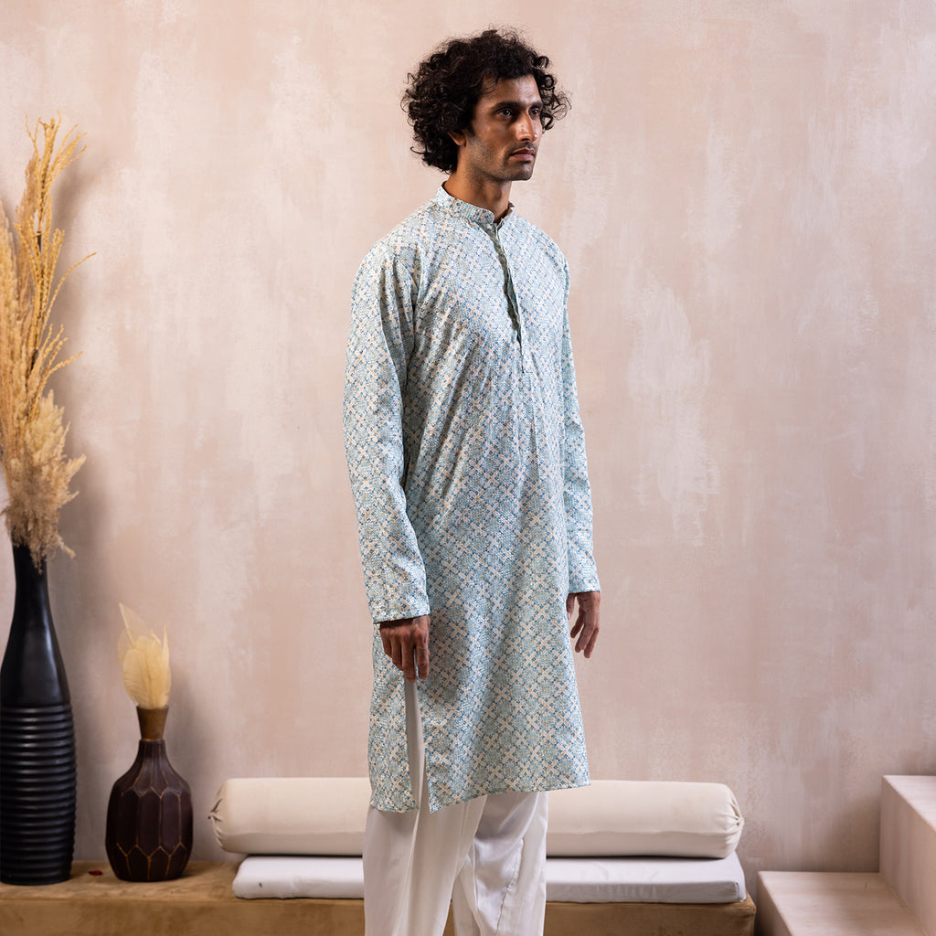 Vibrant Azure Blue Arabesque Kurta