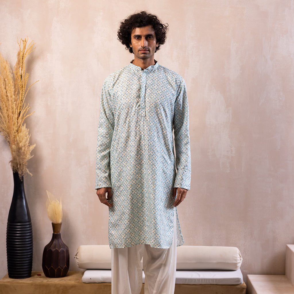 Vibrant Azure Blue Arabesque Kurta