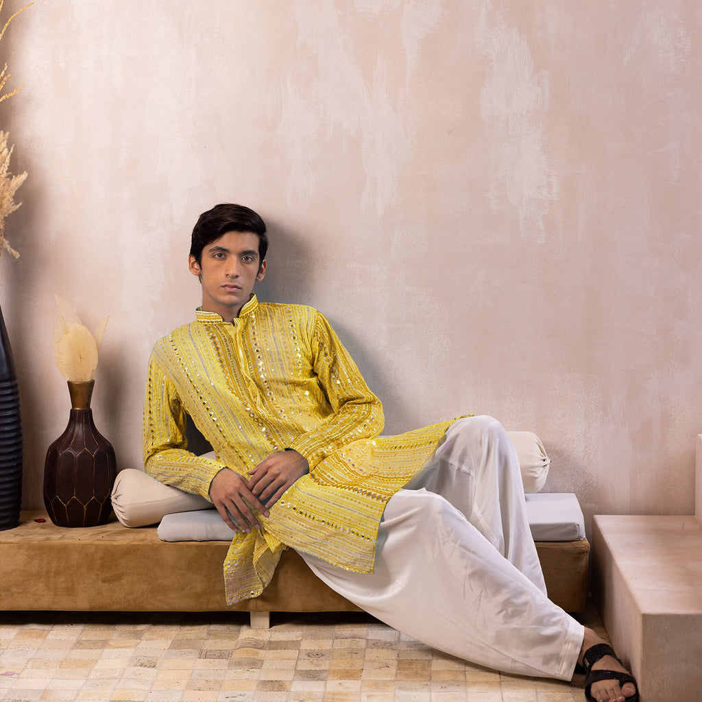 Sunlit Yellow Mirror Work Georgette Kurta