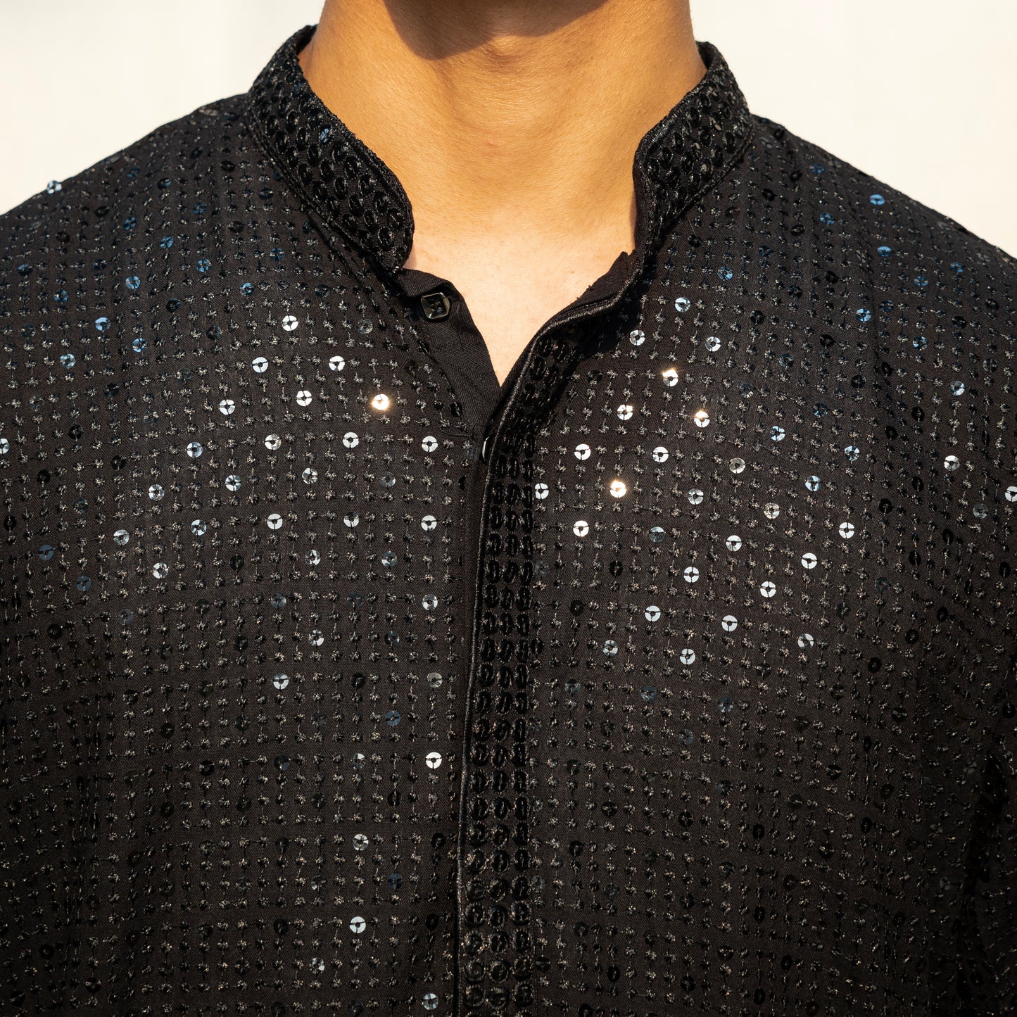 Black Embroidered Band Collar Sequinned Kurta