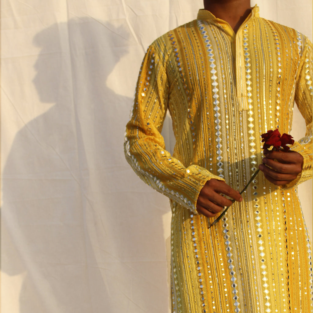 Sunlit Yellow Mirror Work Georgette Kurta