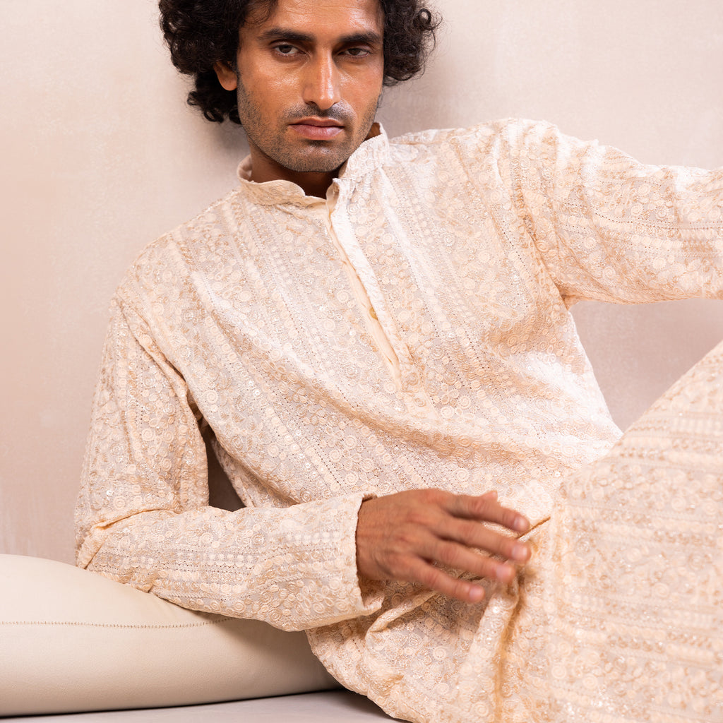 Ivory Peach Embroidered Viscose Kurta