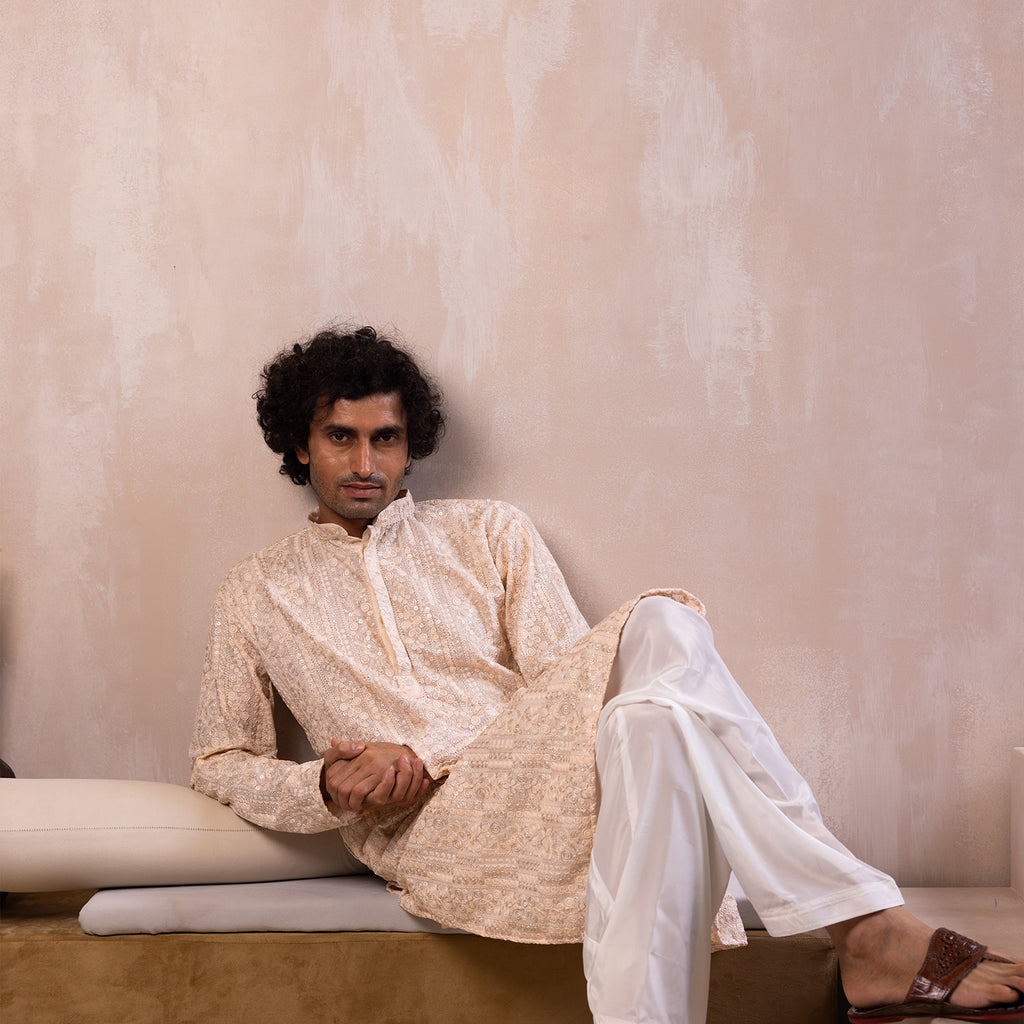 Ivory Peach Embroidered Viscose Kurta