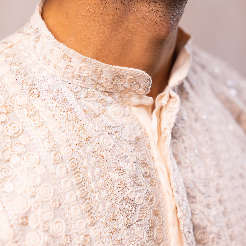 Ivory Peach Embroidered Viscose Kurta
