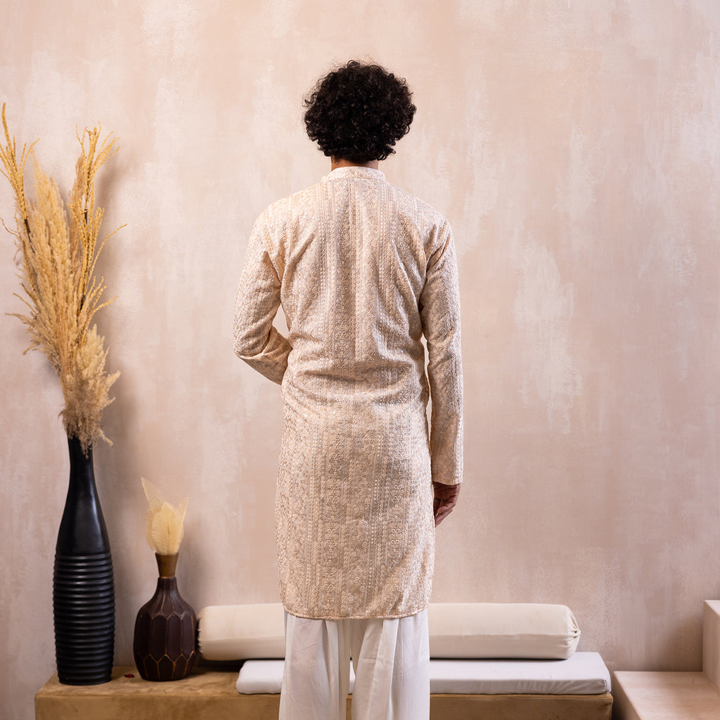 Ivory Peach Embroidered Viscose Kurta