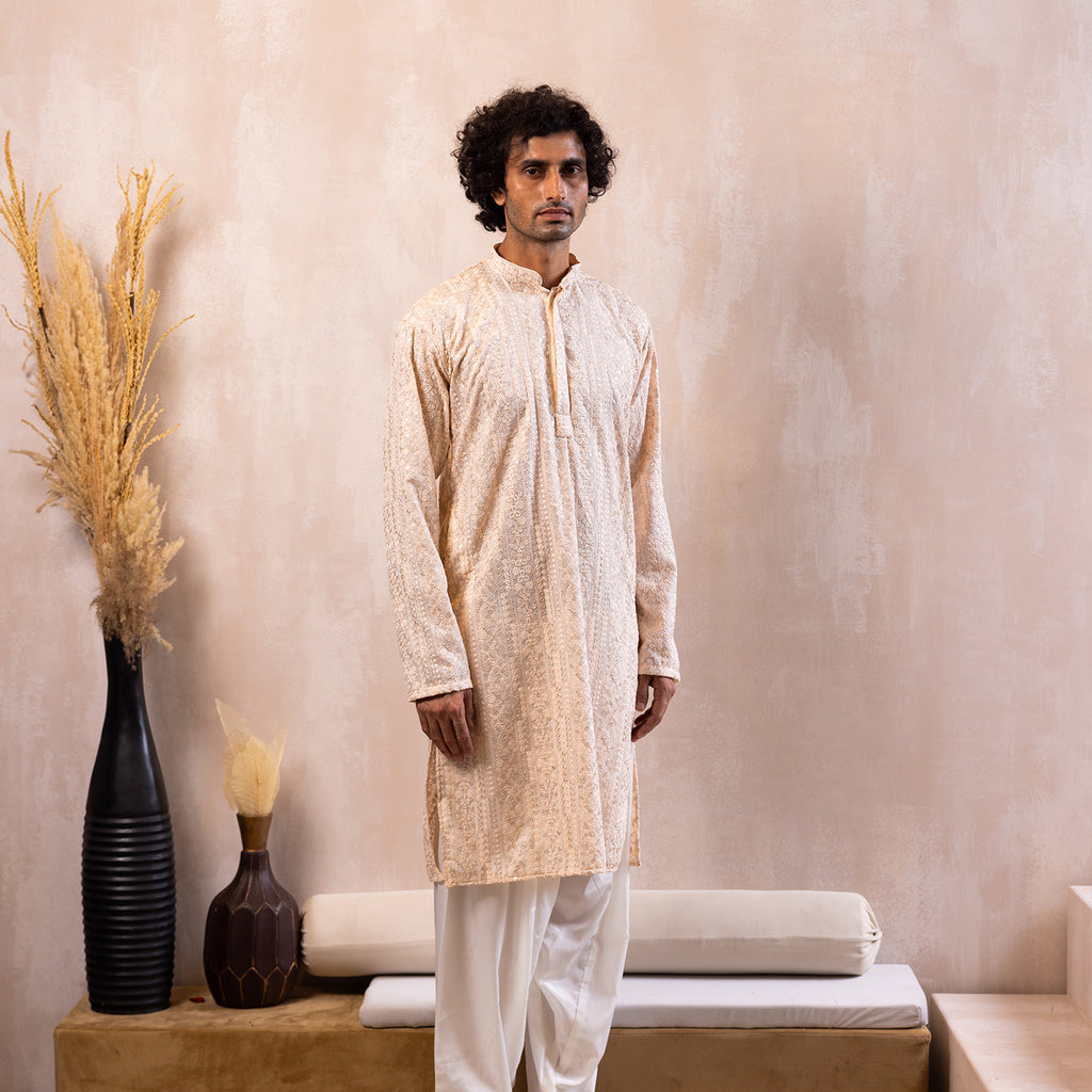 Ivory Peach Embroidered Viscose Kurta