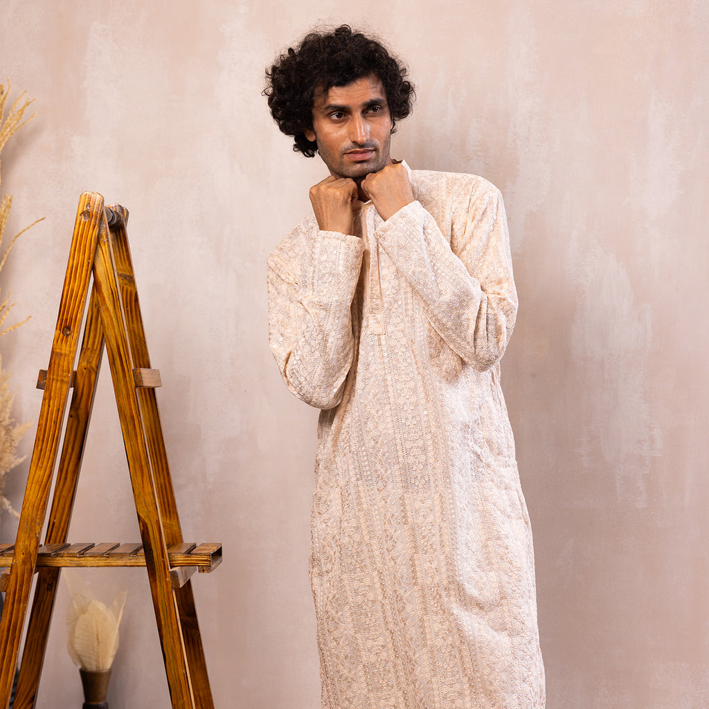 Ivory Peach Embroidered Viscose Kurta