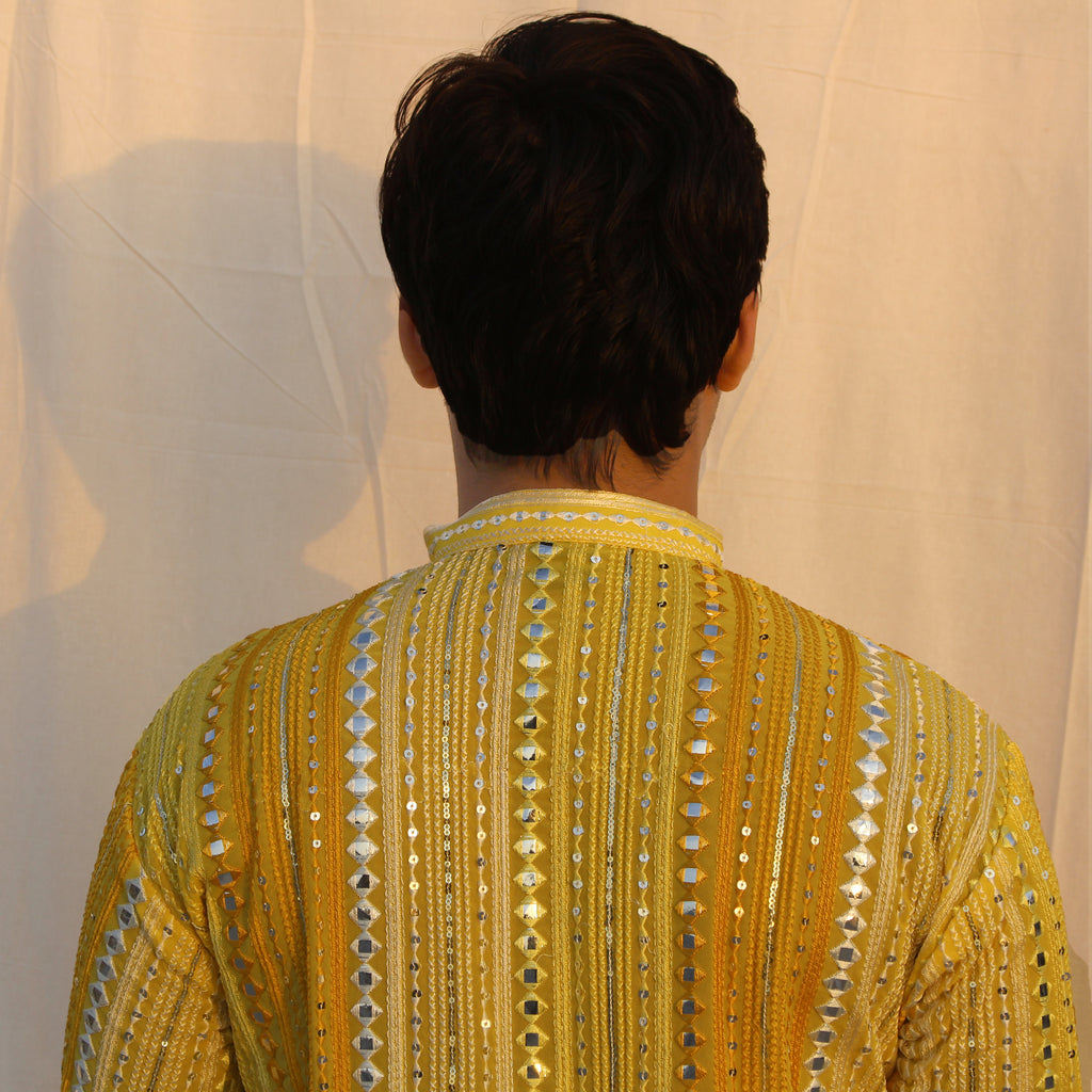 Sunlit Yellow Mirror Work Georgette Kurta