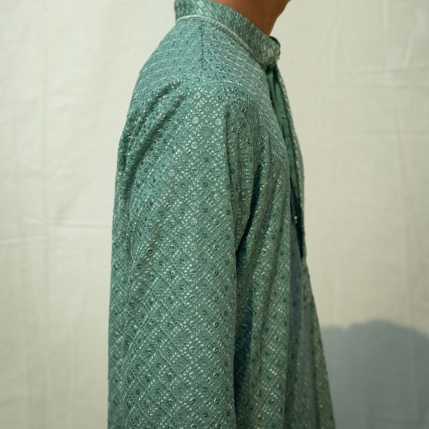 Pista Green Chikankari Embroidered And Sequence Kurta