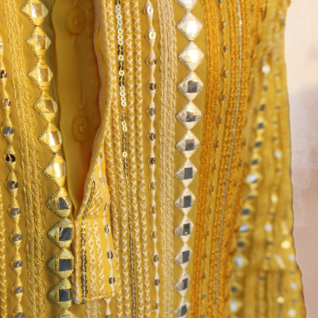 Sunlit Yellow Mirror Work Georgette Kurta