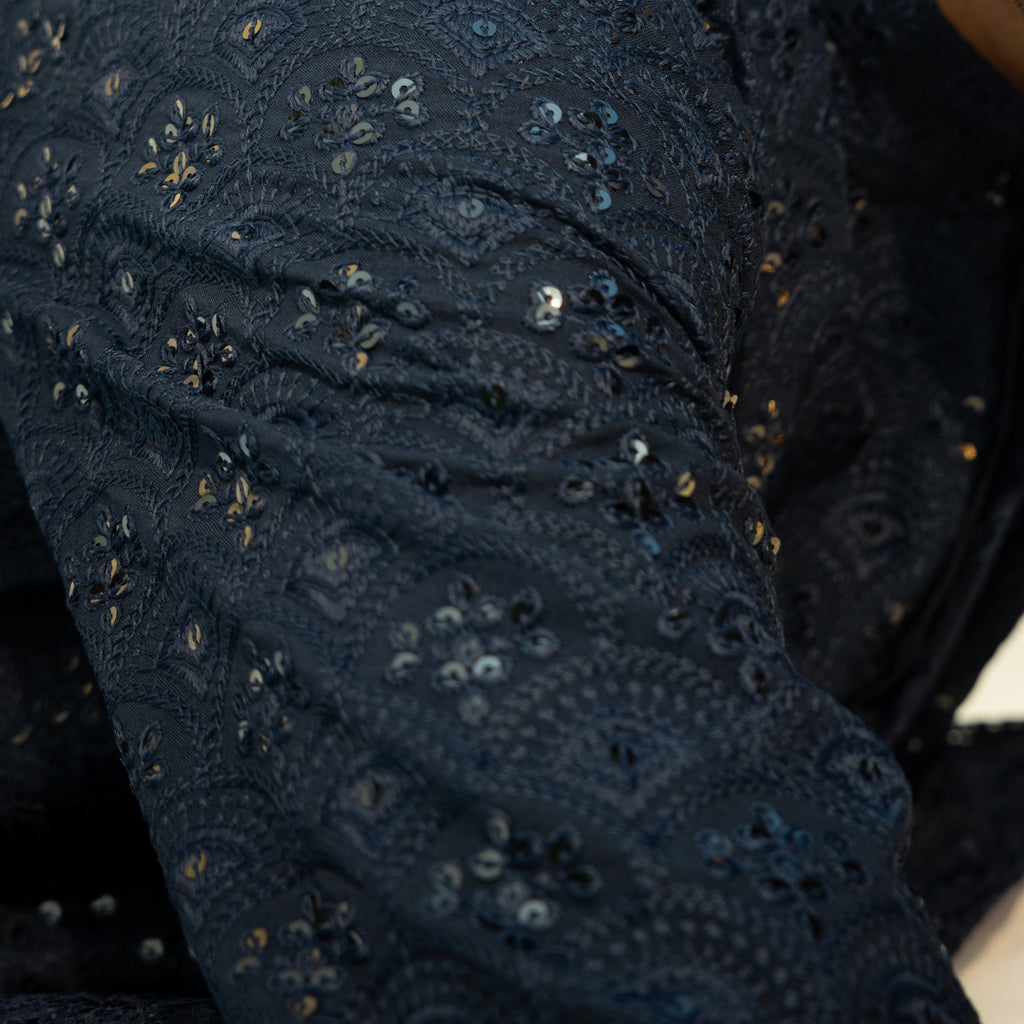 Men's Navy Blue Chikankari Embroidered And Sequence Kurta