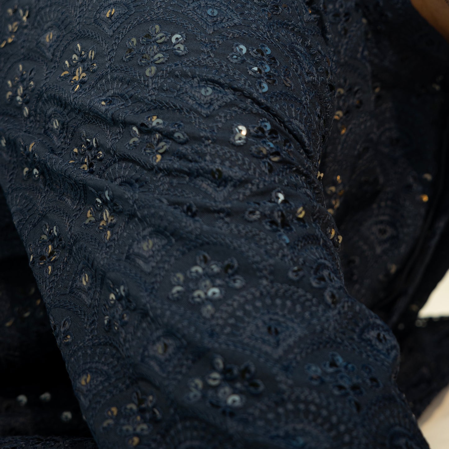 Men's Navy Blue Chikankari Embroidered And Sequence Kurta