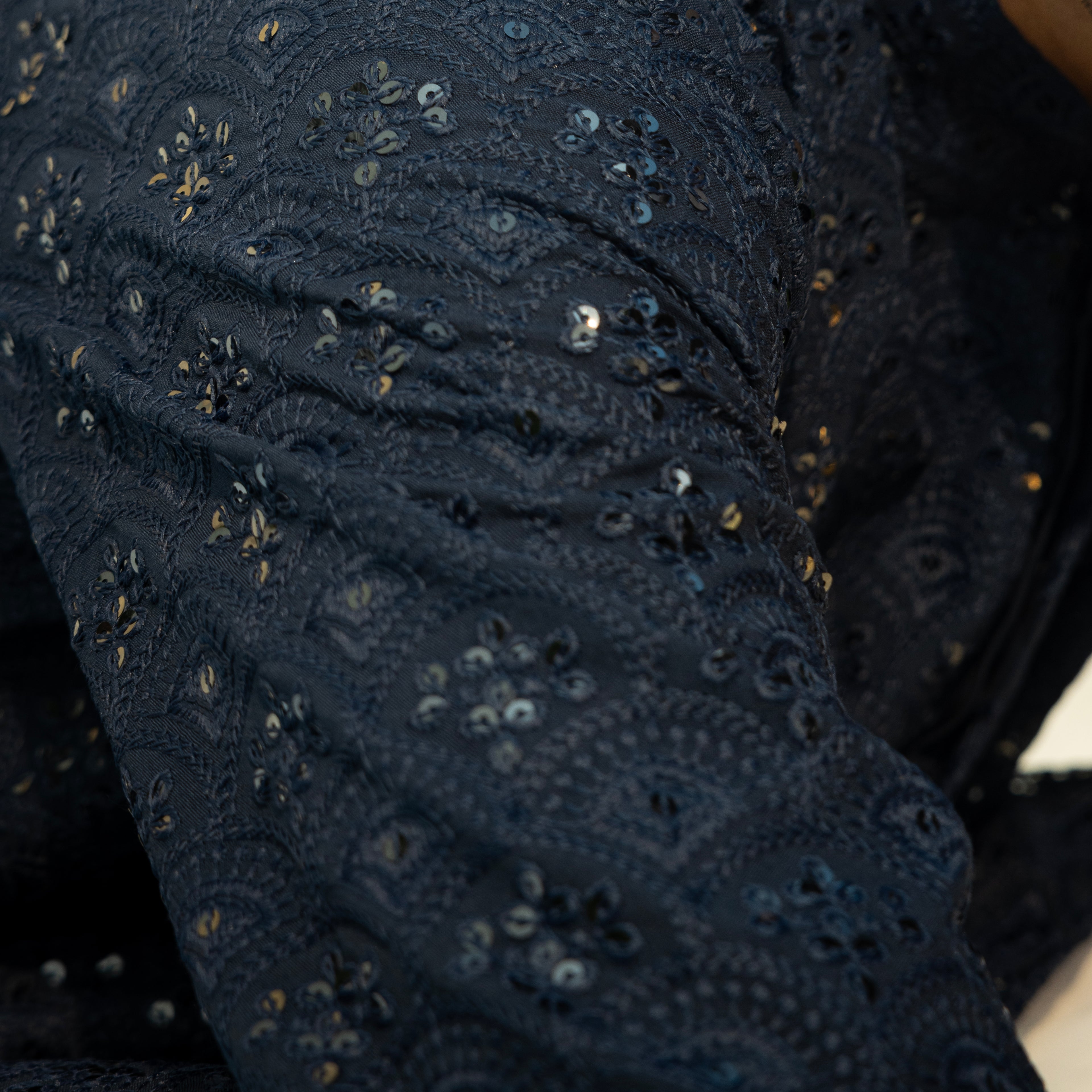 Men's Navy Blue Chikankari Embroidered And Sequence Kurta