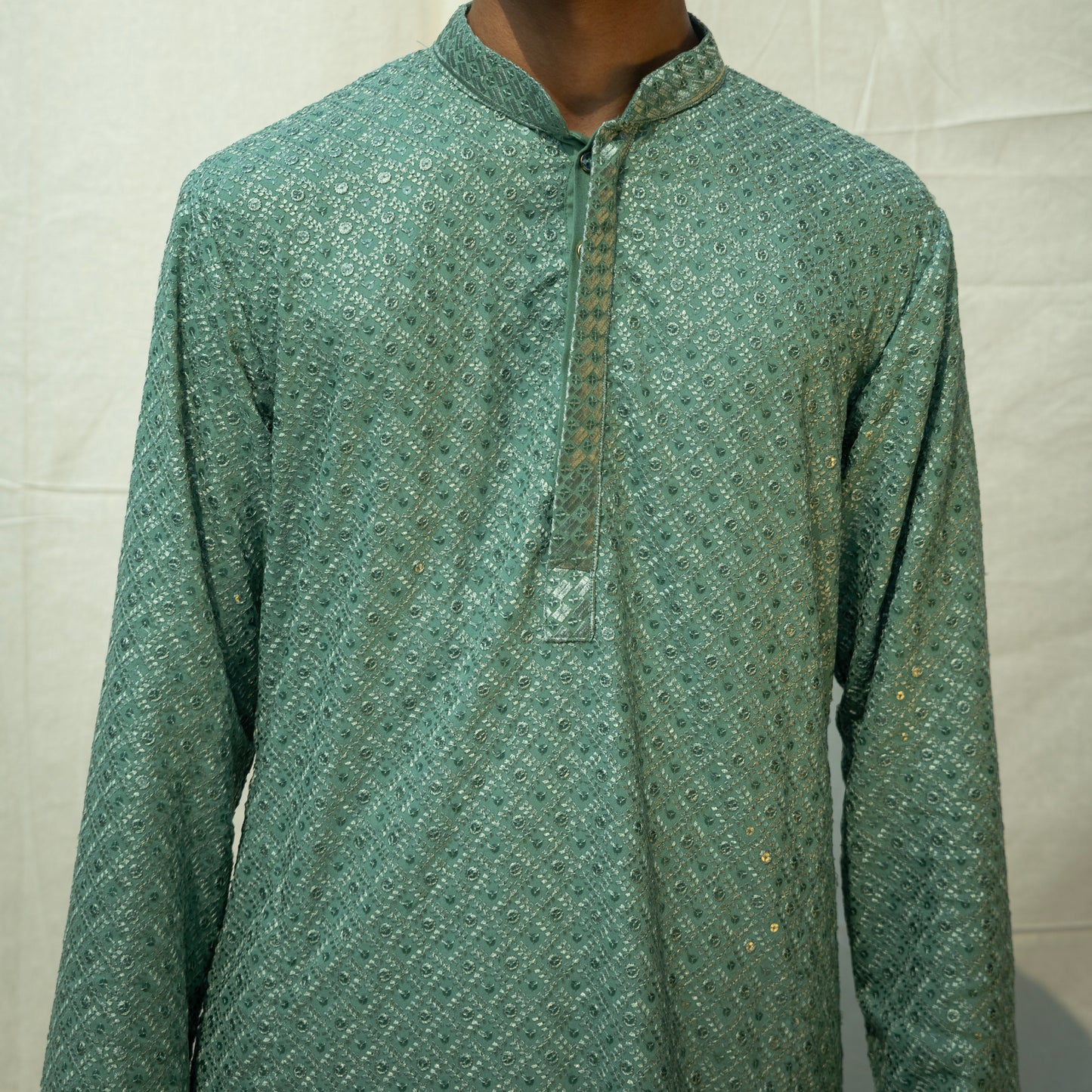 Pista Green Chikankari Embroidered And Sequence Kurta