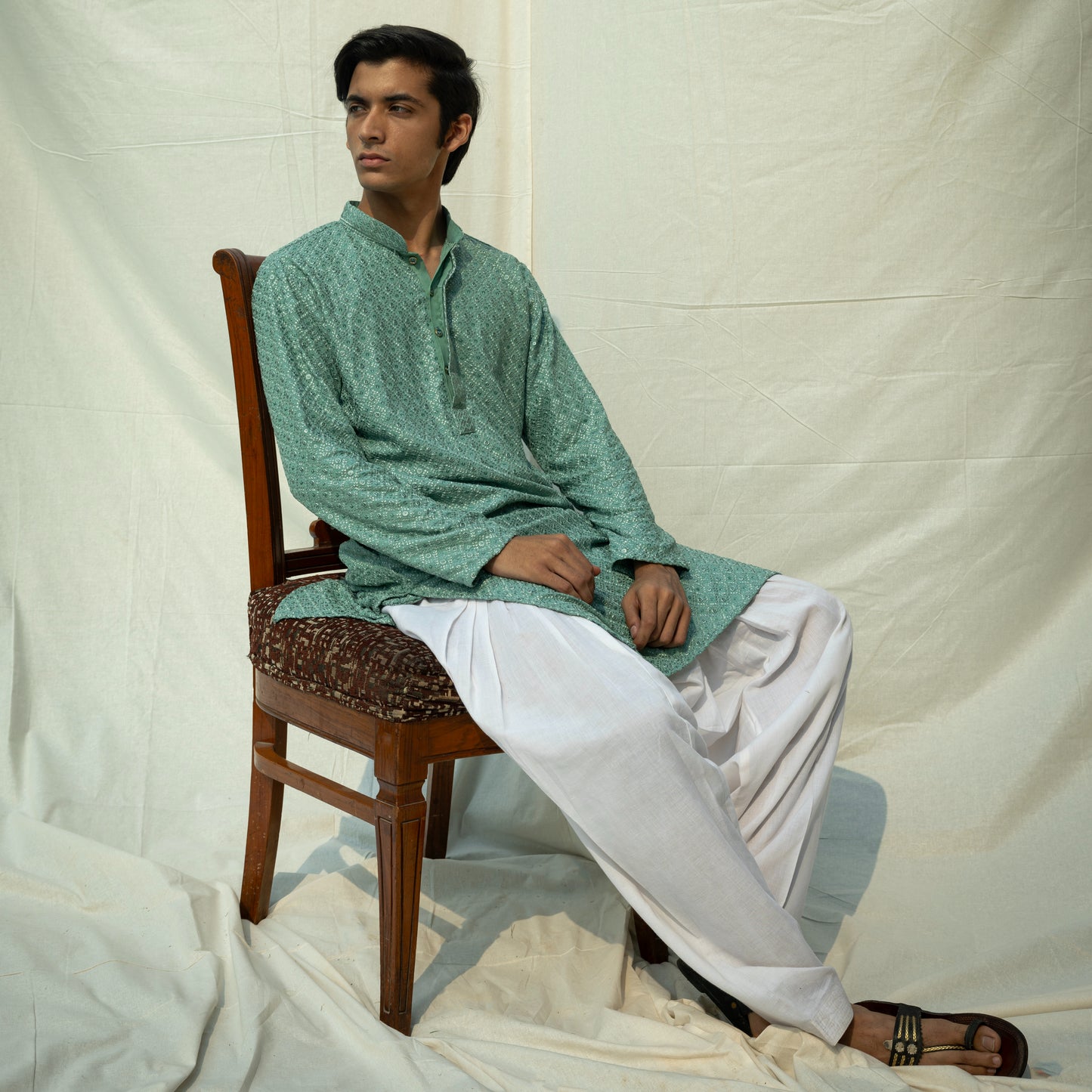 Pista Green Chikankari Embroidered And Sequence Kurta