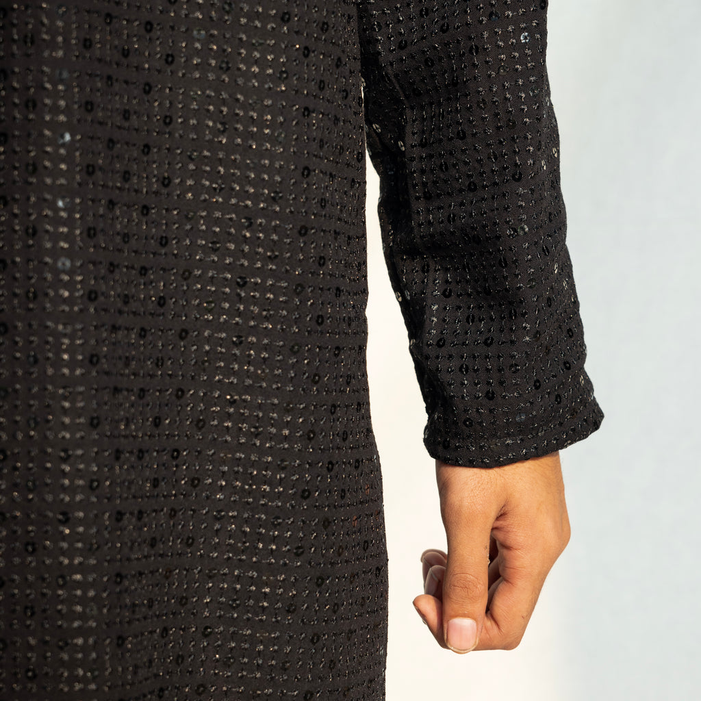 Black Embroidered Band Collar Sequinned Kurta