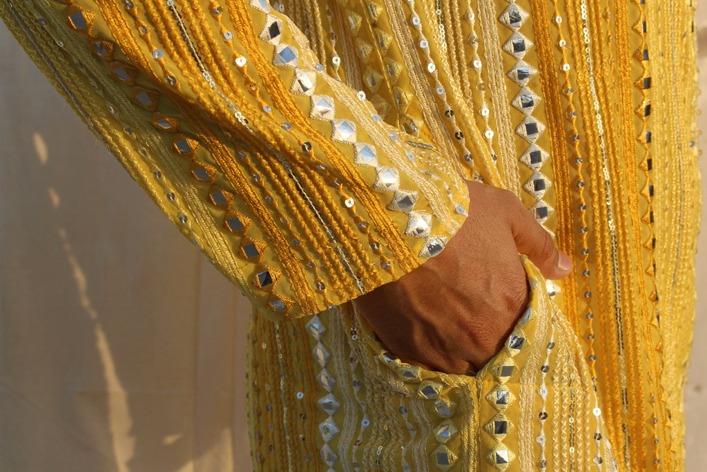 Sunlit Yellow Mirror Work Georgette Kurta