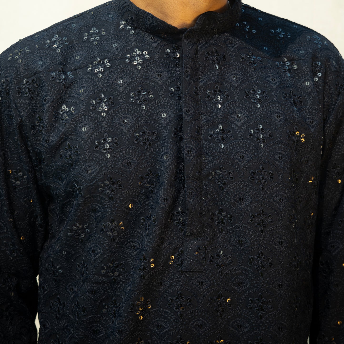 Men's Navy Blue Chikankari Embroidered And Sequence Kurta