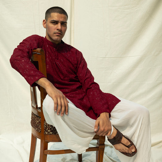 Red Viscose Embroidered and Sequence Kurta