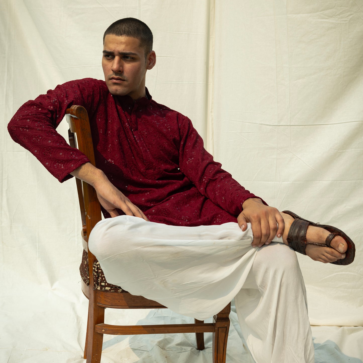 Red Viscose Embroidered and Sequence Kurta