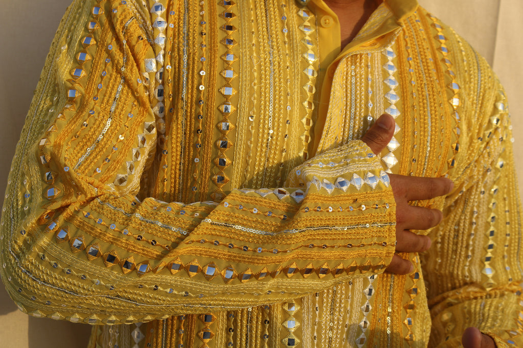 Sunlit Yellow Mirror Work Georgette Kurta