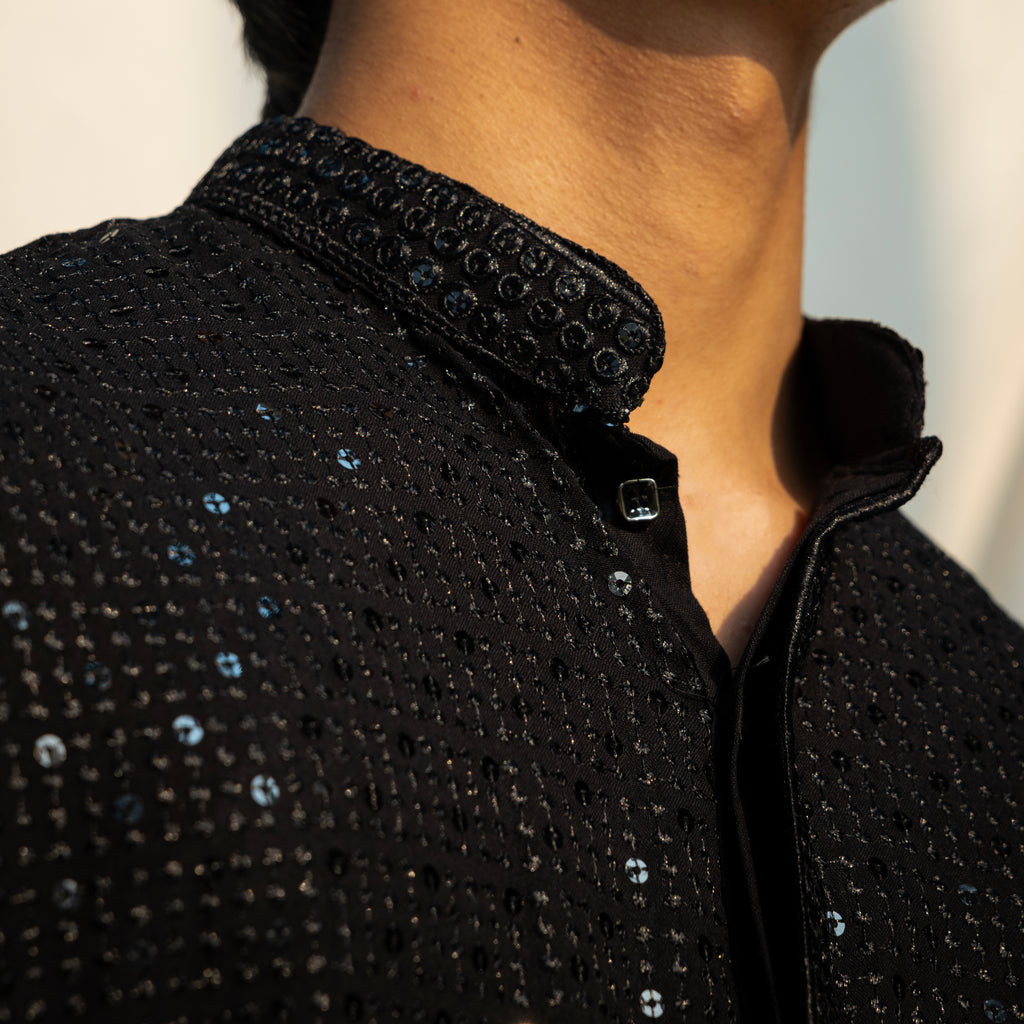 Black Embroidered Band Collar Sequinned Kurta