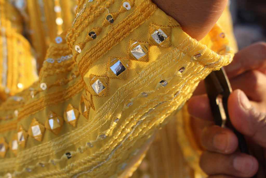 Sunlit Yellow Mirror Work Georgette Kurta