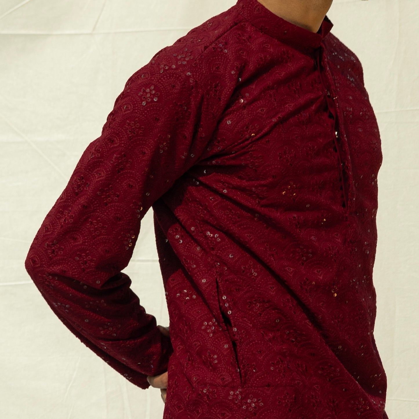 Red Viscose Embroidered and Sequence Kurta