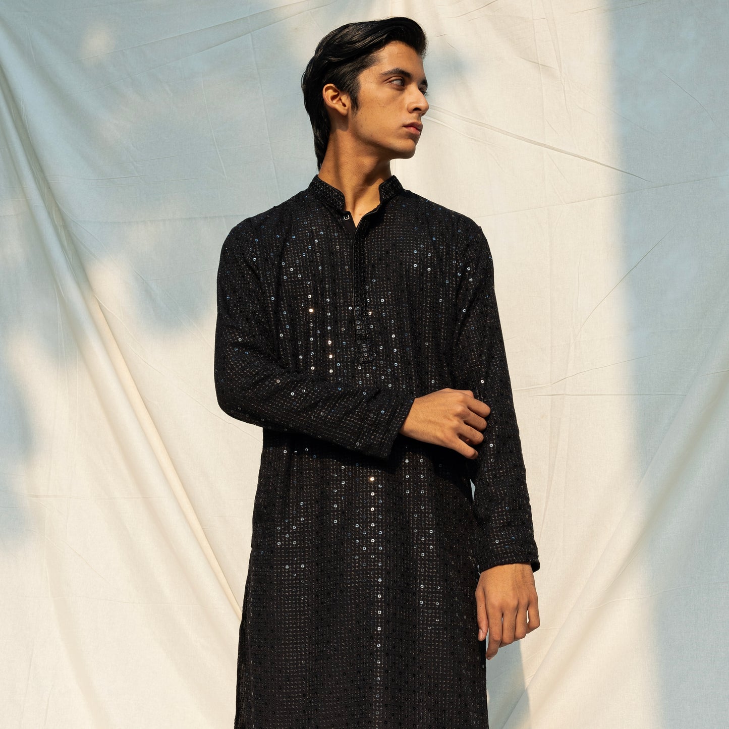 Black Embroidered Band Collar Sequinned Kurta