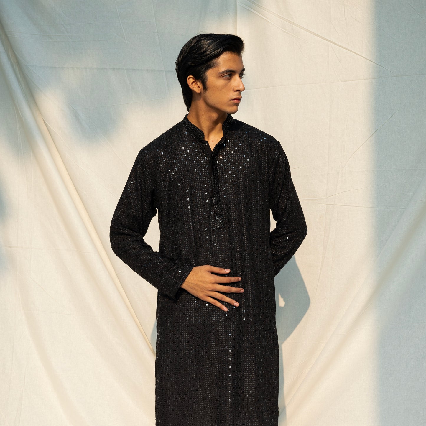 Black Embroidered Band Collar Sequinned Kurta