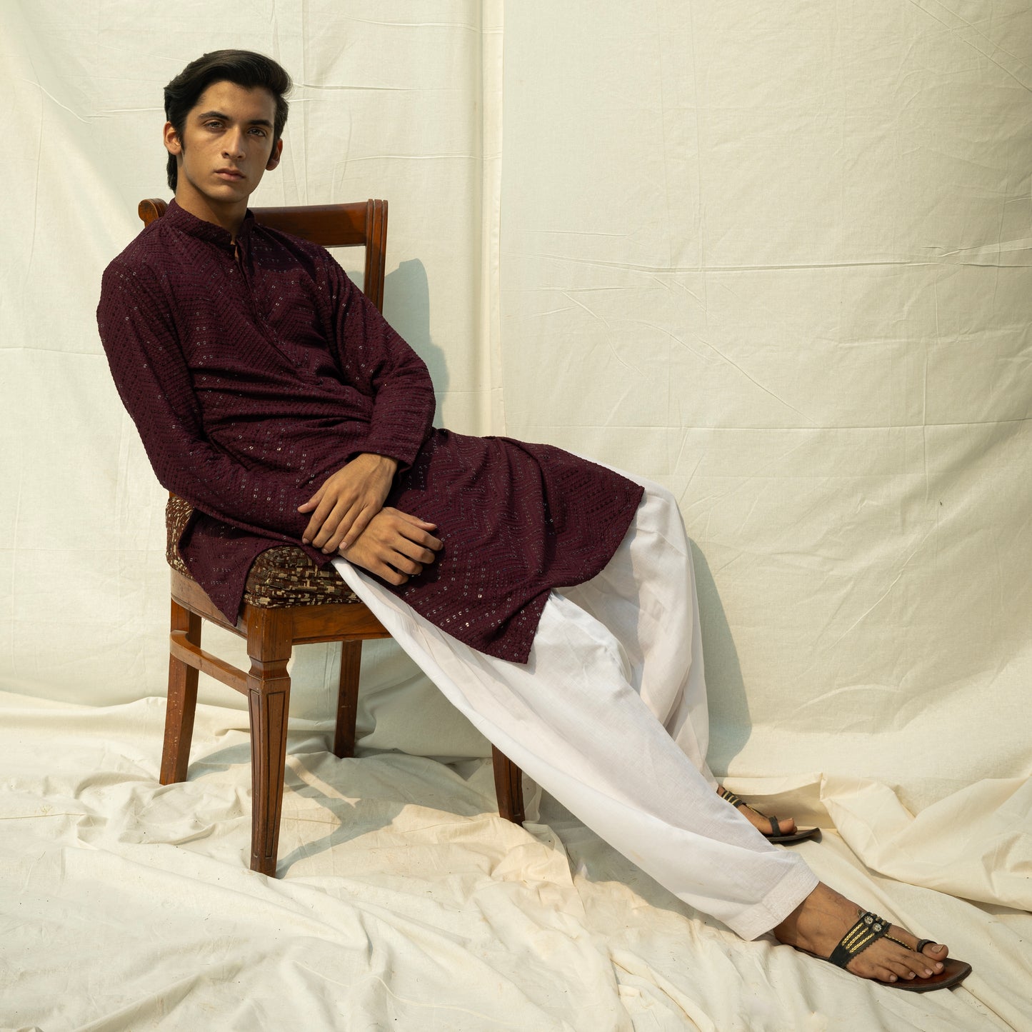 Burgundy Embroidered Regular Kurta