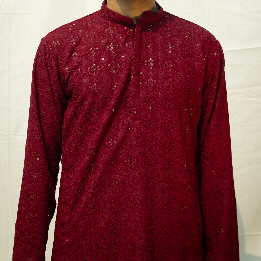 Red Viscose Embroidered and Sequence Kurta