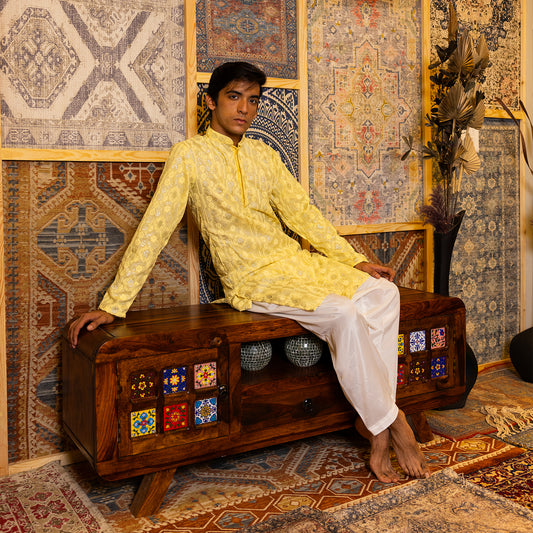 Gold Yellow Embroidered Viscose Kurta