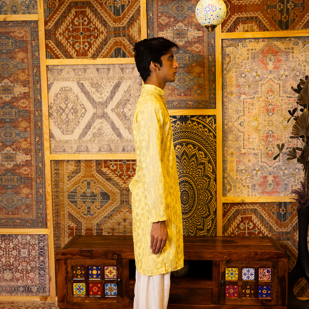 Gold Yellow Embroidered Viscose Kurta