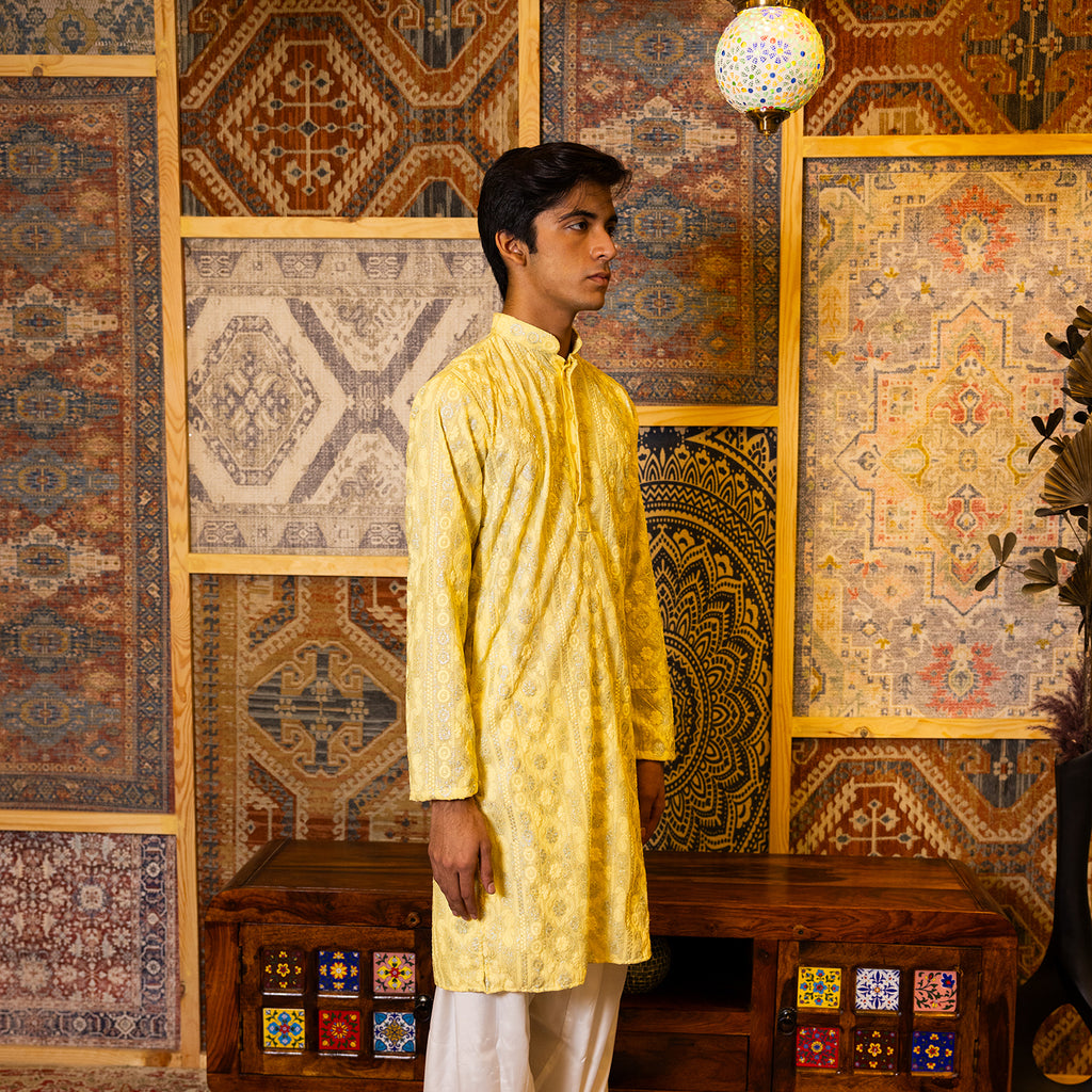 Gold Yellow Embroidered Viscose Kurta