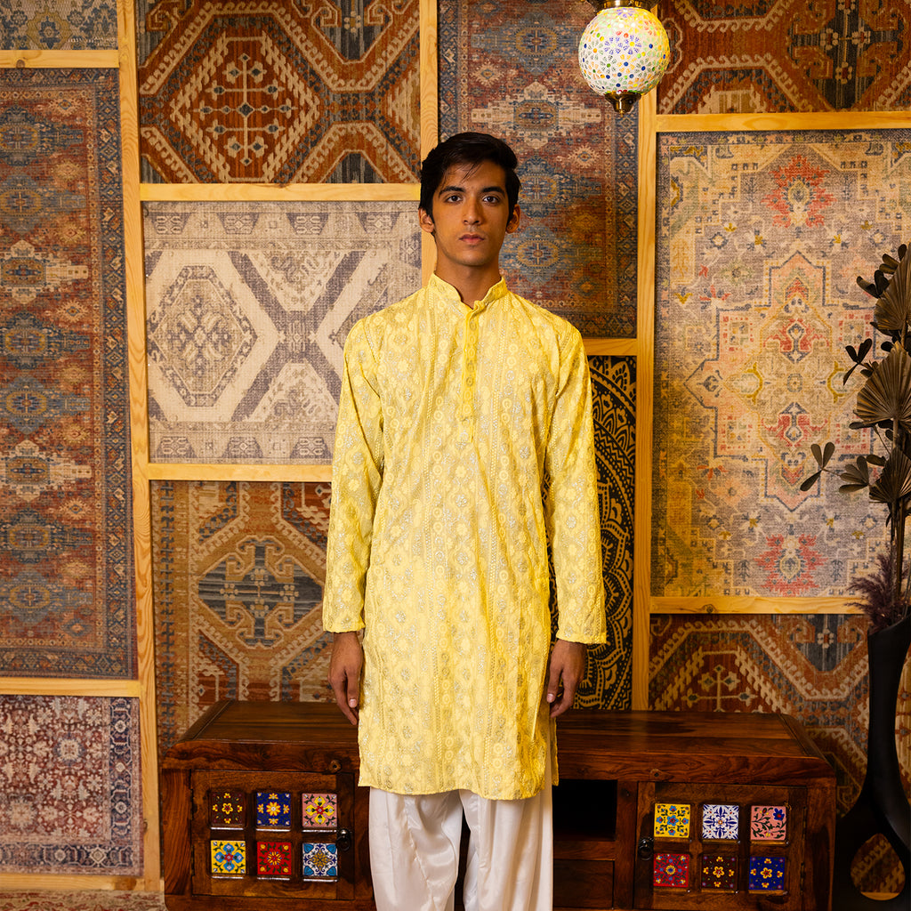 Gold Yellow Embroidered Viscose Kurta