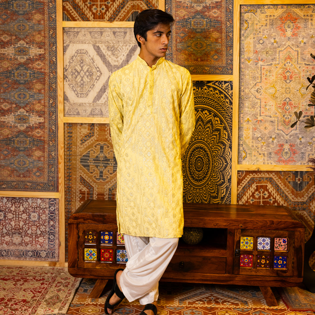 Gold Yellow Embroidered Viscose Kurta